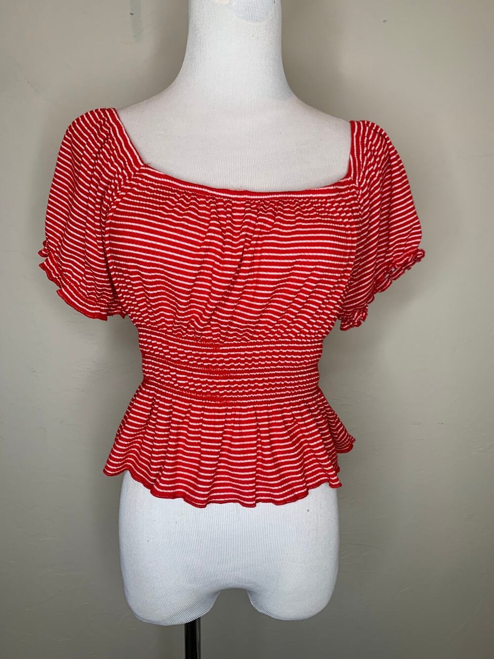 Red White Striped Peasant Neck Crop Top Sz Small Preppy Nautical